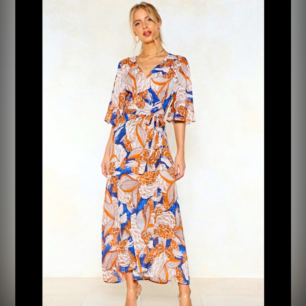 LWomen's Floral Print Tie-Waist Split Wrap Maxi Dress
